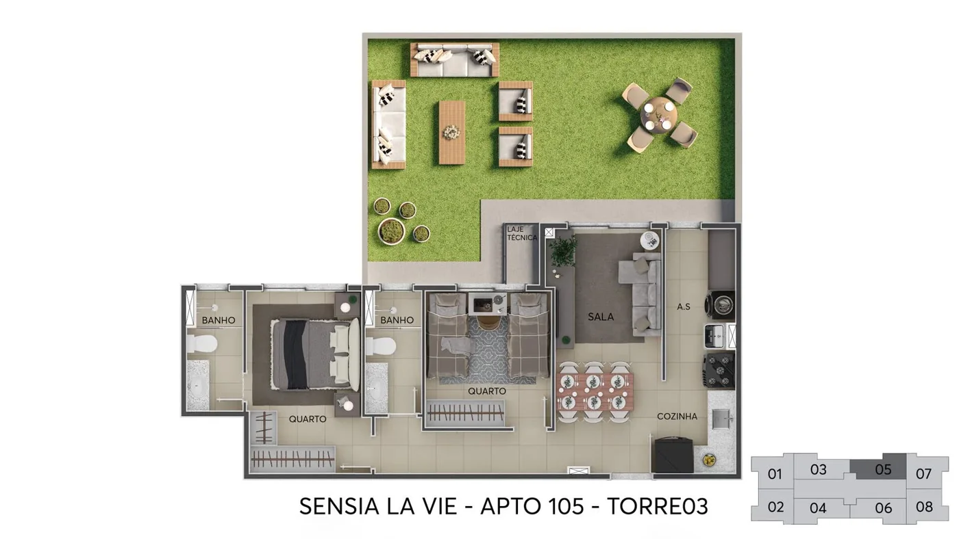 Planta humanizada de apartamento de dois quartos com terraço gramado, Sensia La Vie, apartamento 105, torre 3