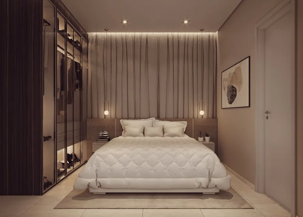Suíte com cama de casal e closet de vidro iluminado