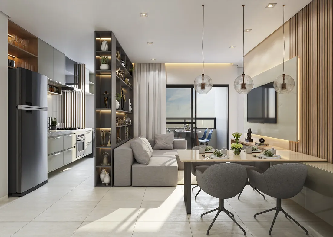 Living integrado com cozinha de apartamento em lançamento