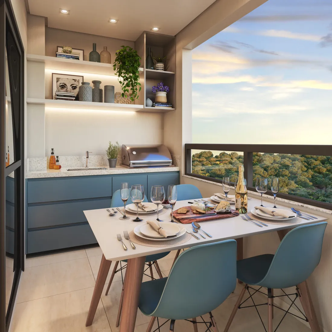 Varanda com mesa posta e vista para a floresta