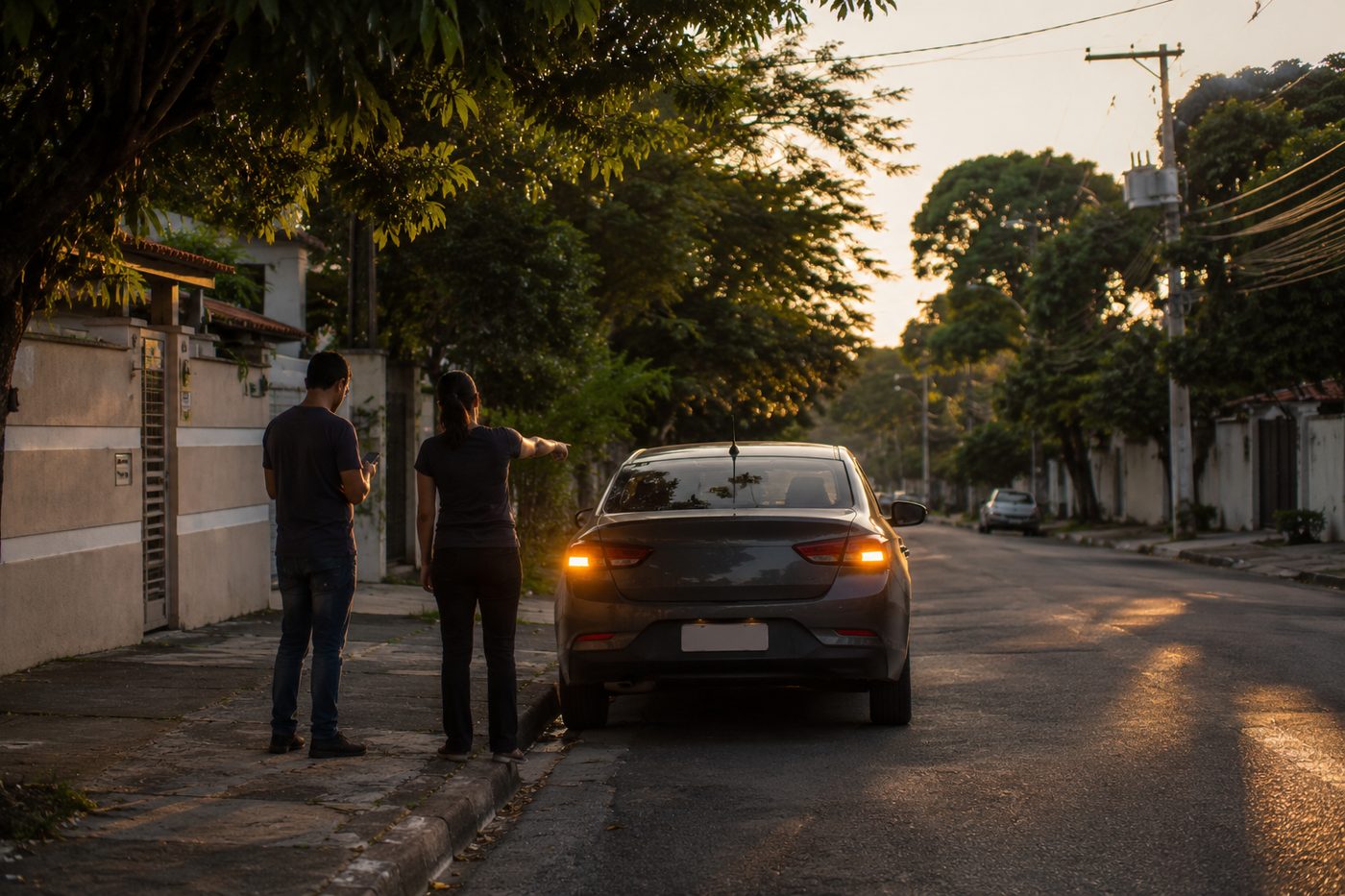 Duas pessoas na calçada ao lado de um carro com o pisca-alerta ligado