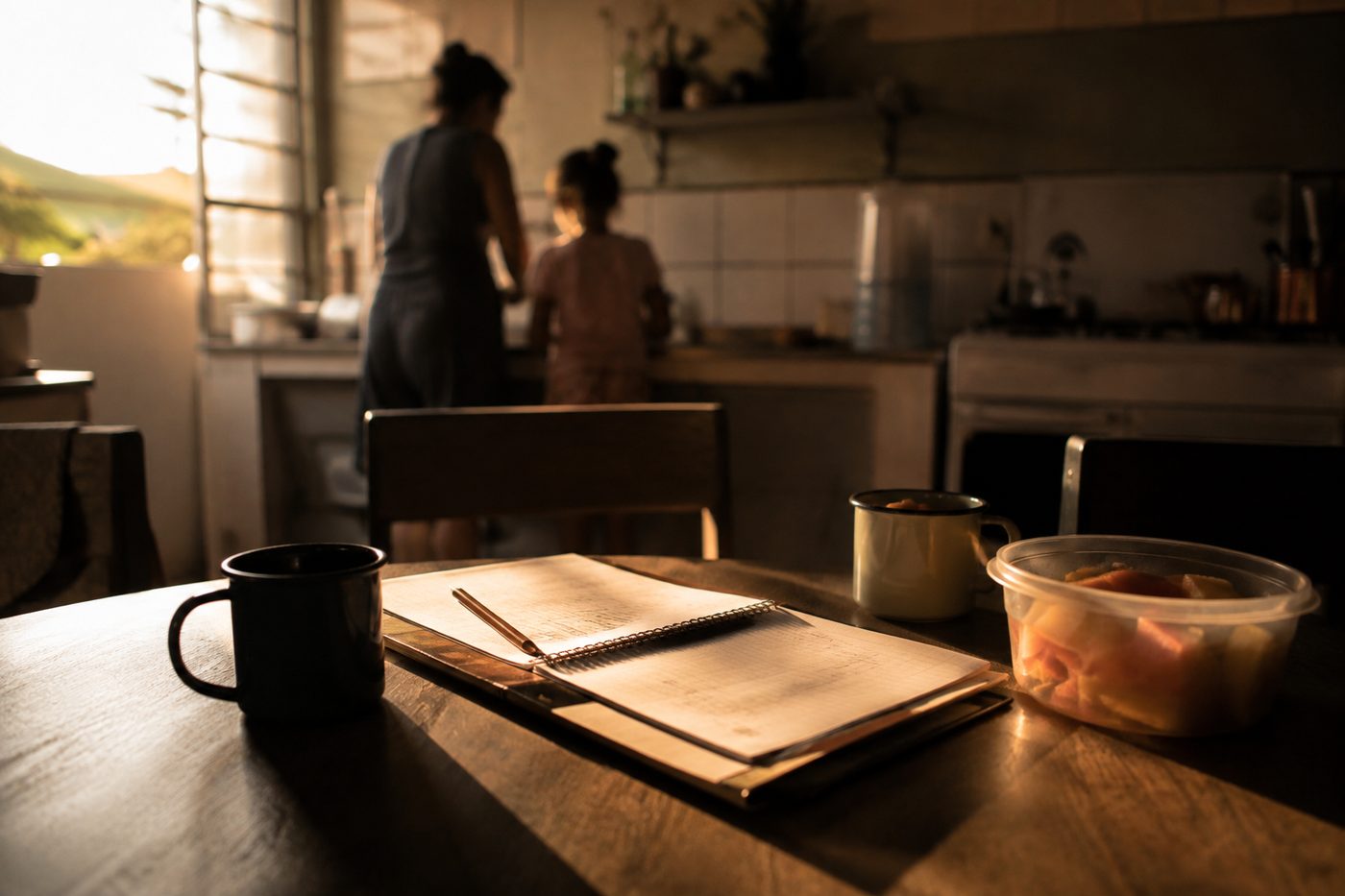 Mesa de cozinha ao entardecer, com mãe e filha ao fundo